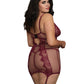 Dreamgirl Plus Size Fishnet and Eyelash Lace Garter Slip with Matching G-String - MULBERRY