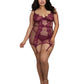 Dreamgirl Plus Size Fishnet and Eyelash Lace Garter Slip with Matching G-String - MULBERRY