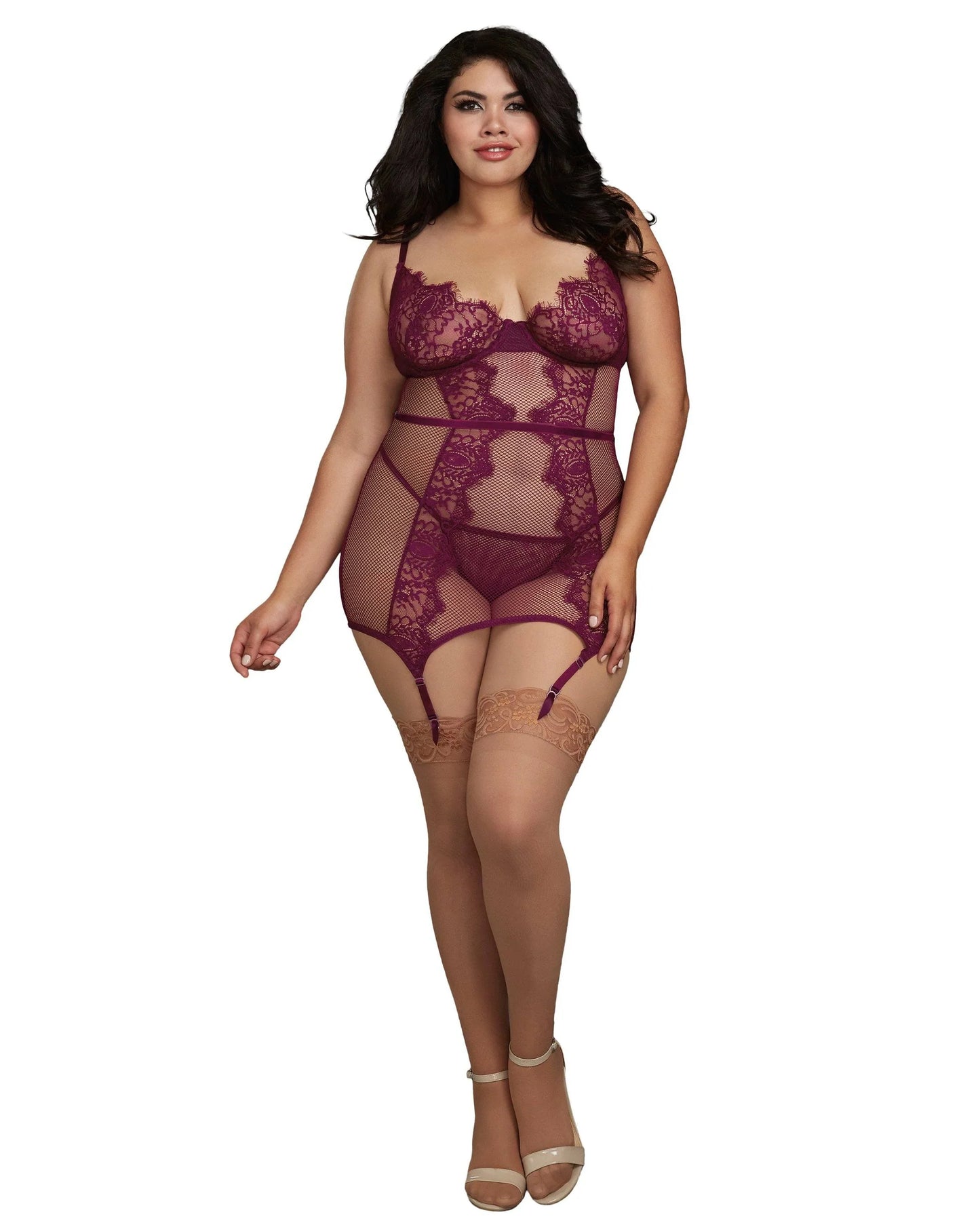 Dreamgirl Plus Size Fishnet and Eyelash Lace Garter Slip with Matching G-String - MULBERRY