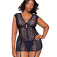 Dreamgirl  Lace & Mesh Garter Slip Set with Plunging Neckline & Matching G-String- One size and queen 12426