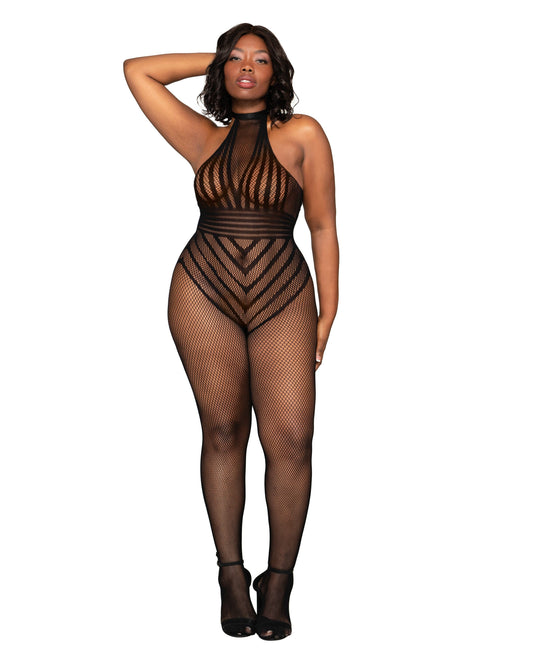Dreamgirl Plus Size Open Crotch Stripped Fishnet Bodystocking Halter Neck & T-Back Strap