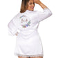Dreamgirl Satin and eyelash lace trim bridal robe with artistic floral screen-print on the back