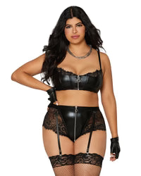 Dreamgirl Stretch faux-leather and eyelash lace bra and garter panty set
