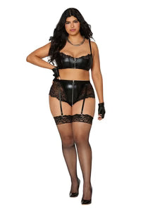 Dreamgirl Stretch faux-leather and eyelash lace bra and garter panty set