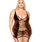 Stretch Velvet and Embroidered Band Garter Slip and G-String Set